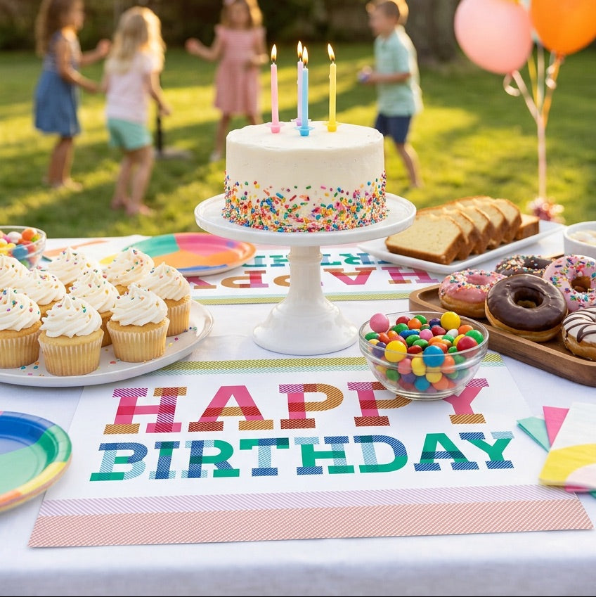 Happy birthday paper placemat on a table with a birthday cake. 