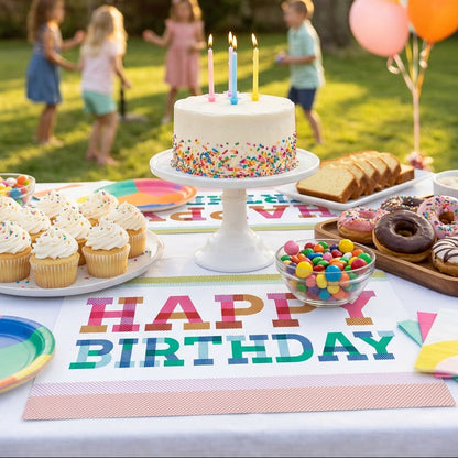 Happy birthday paper placemat on a table with a birthday cake. 