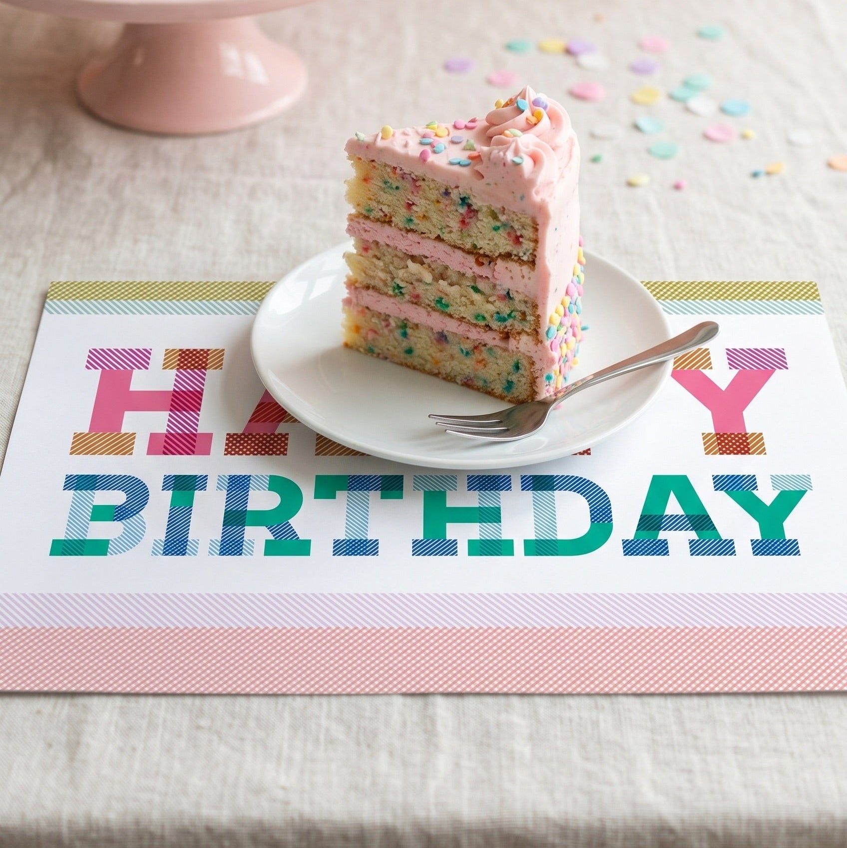 Slice of birthday cake on a plate with 'Happy Birthday' placemat and pink cake in the background.