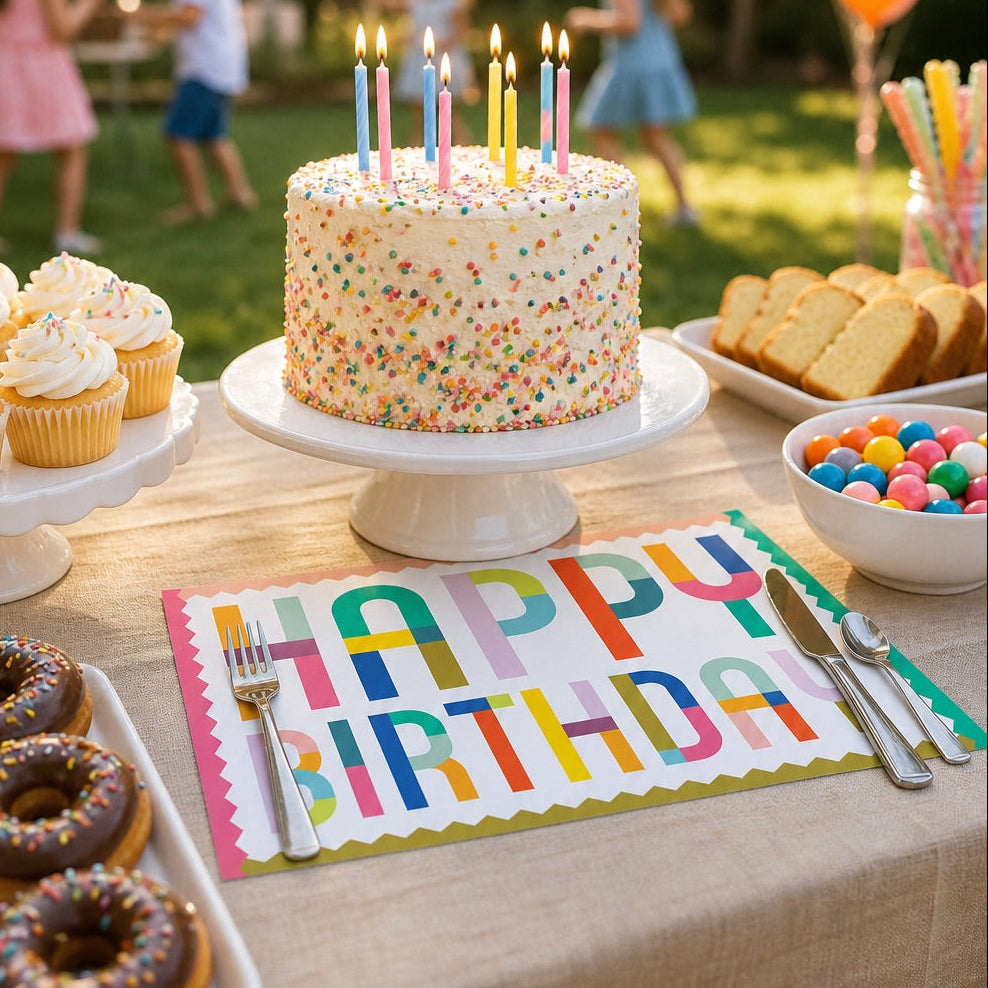 Happy Birthday paper placemat with a birthday cake and kids in the background. 
