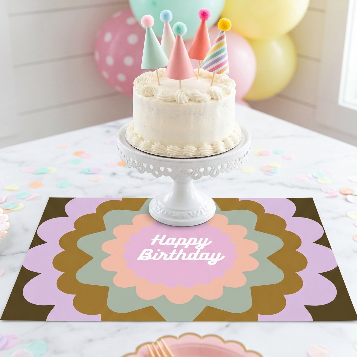 Happy Birthday paper placemat on a table with a cake for a party. 