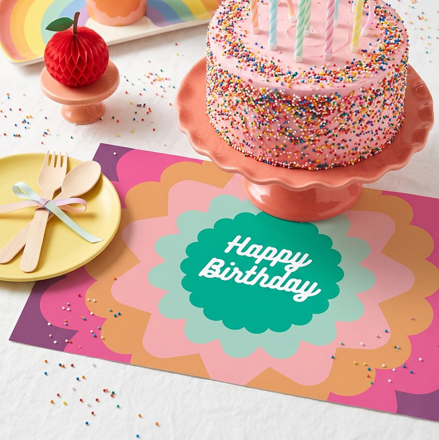 Birthday cake with candles on a pink stand, surrounded by colorful plates, cups, and utensils on a white background.