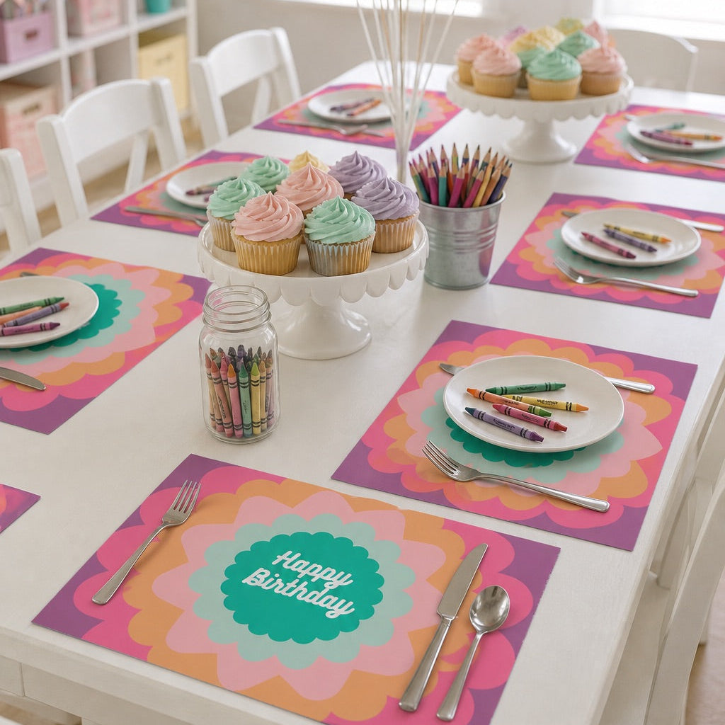 Children's birthday party setup with colorful balloons, cupcakes, and place mats on a table.