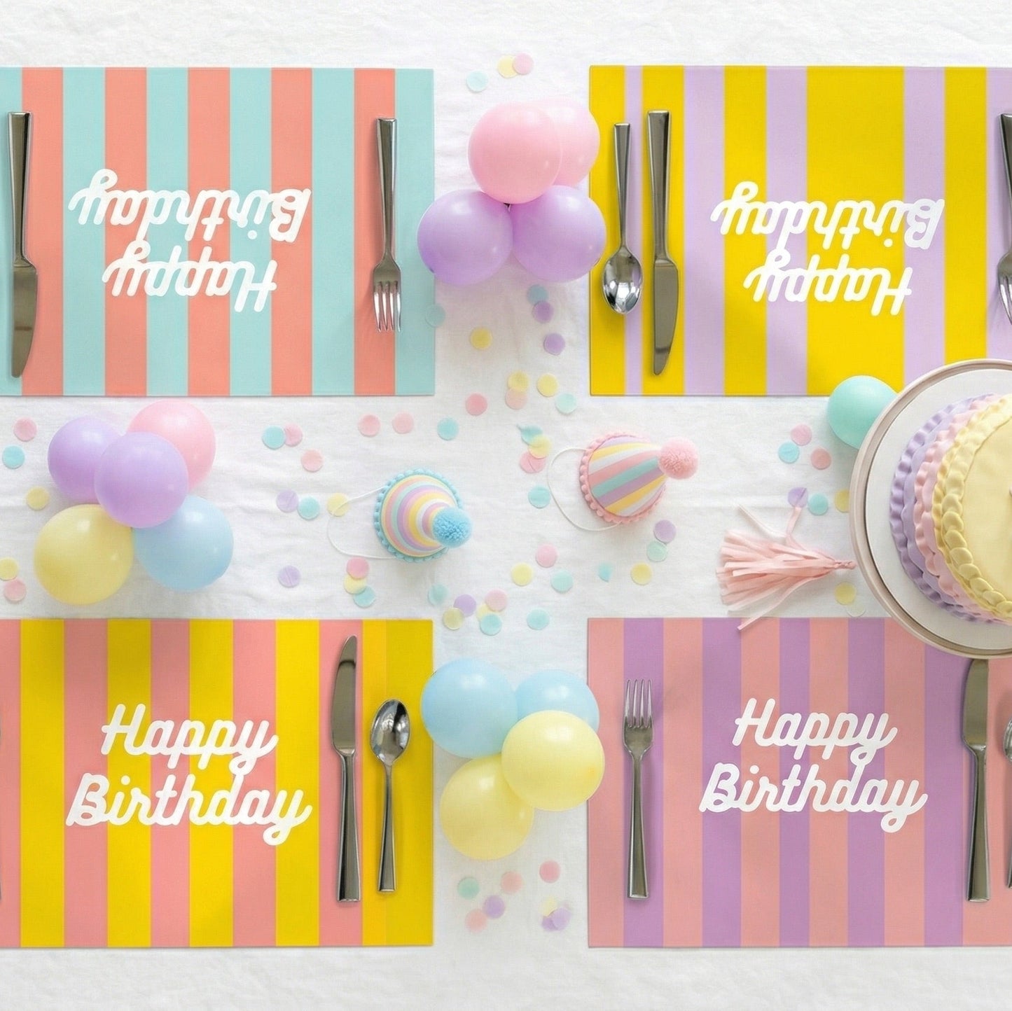 Set of 4 Happy Birthday paper placemats set for a birthday party.