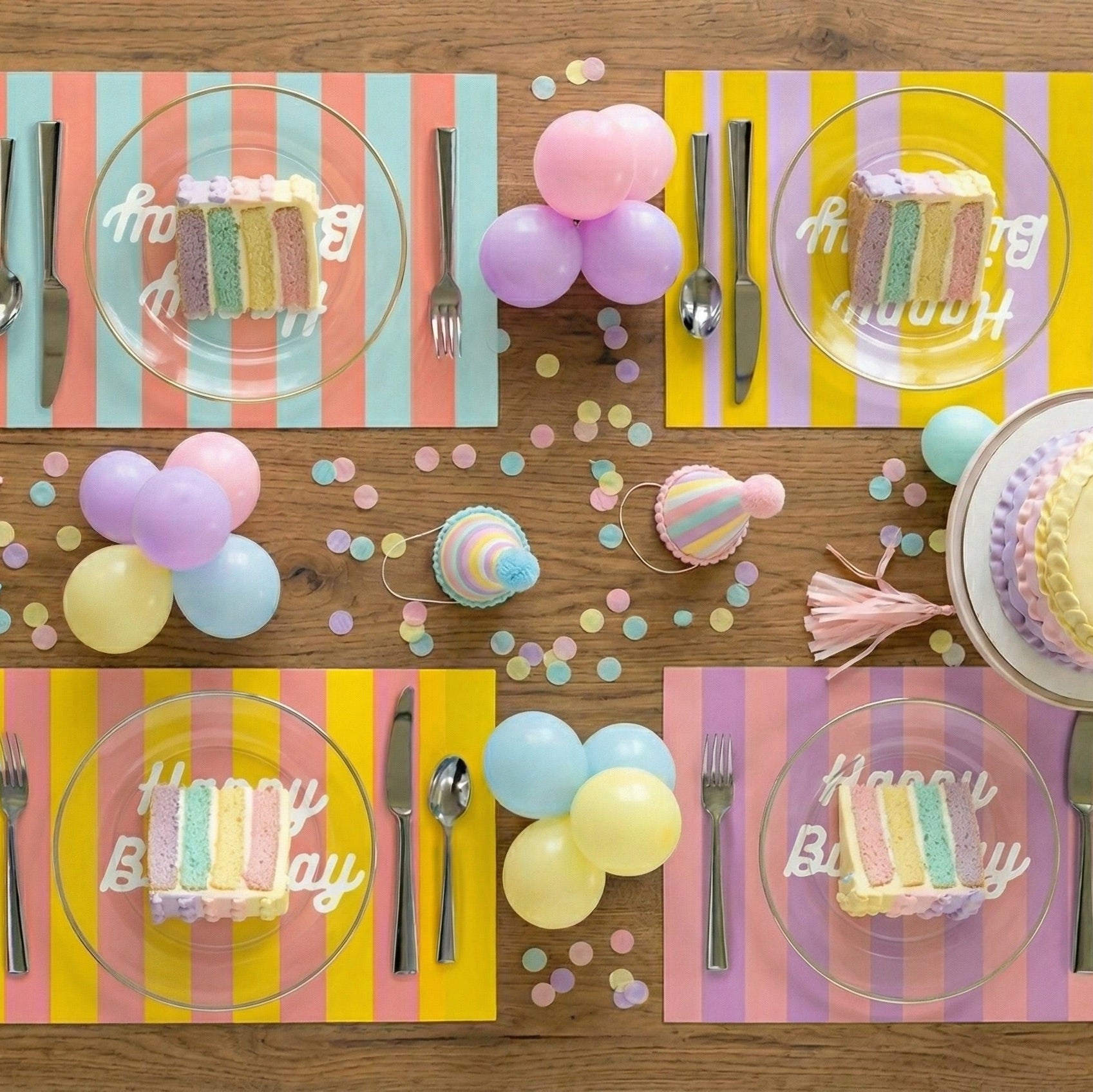 Set of colorful birthday placemats with cutlery and small cakes on a wooden table.