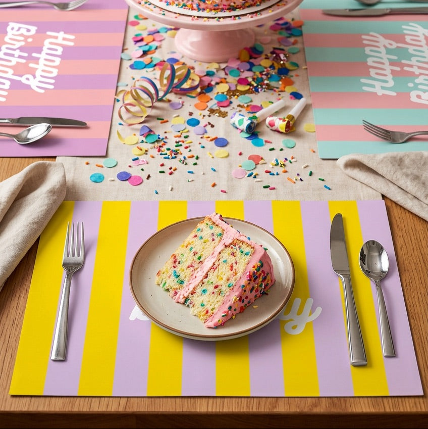 Birthday cake with sprinkles on a table set with birthday paper placemats, cutlery, and a slice of cake.