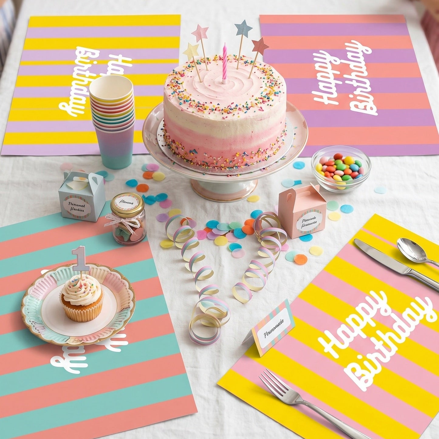 Birthday table setting with a cake, plates, and colorful striped paper placemats.