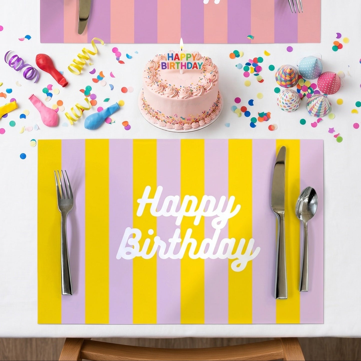Table setting with 'Happy Birthday' paper placemats, cake, and decorations on a striped background.
