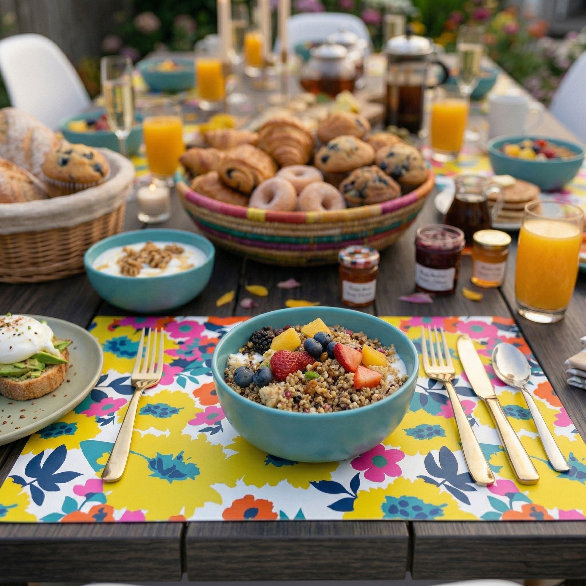 Outdoor breakfast table with bowls of cereal, pastries, and drinks on a colorful paper placemat.