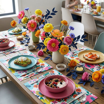 Dining table set with colorful flowers, plates, and bowls on floral paper placemats.