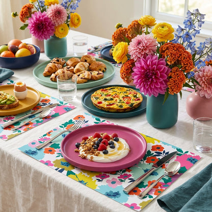 Dining table set with breakfast dishes, flowers, and utensils on a floral paper placemat.