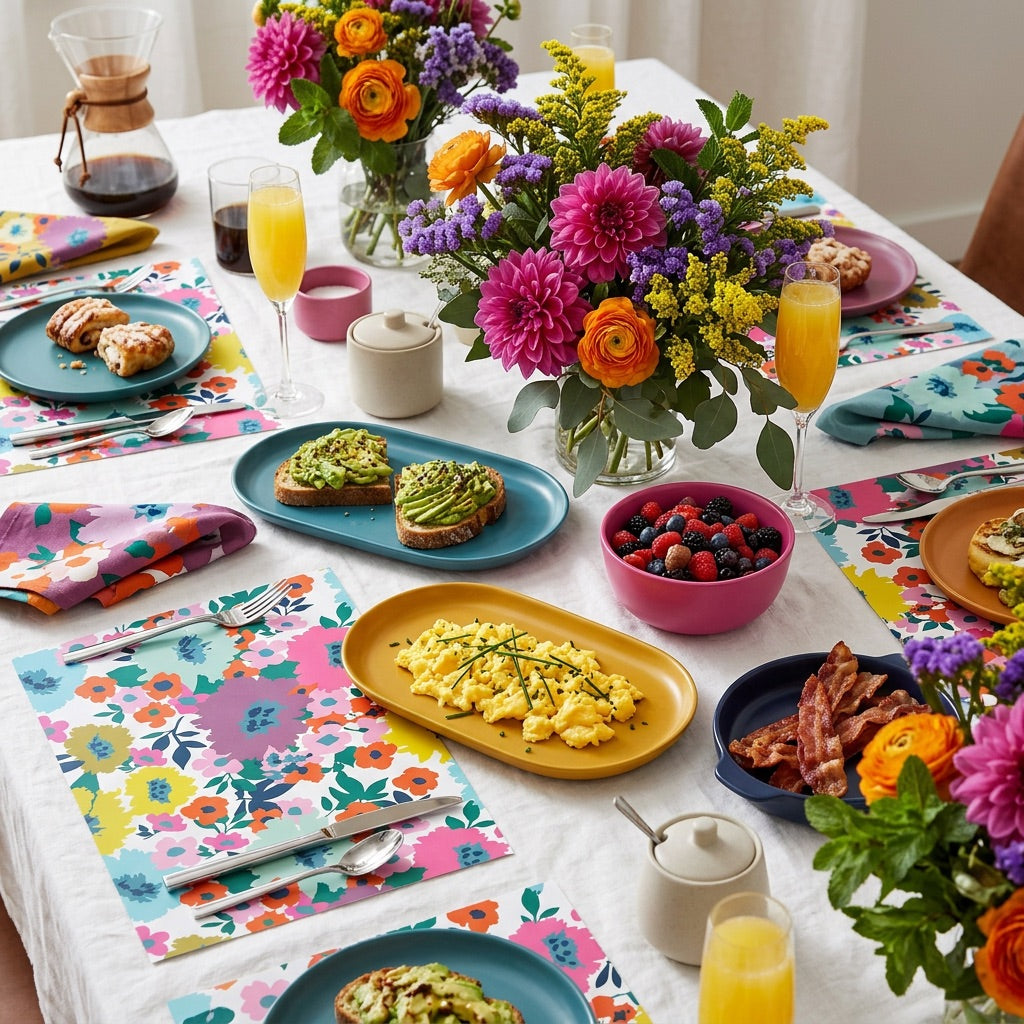Colorful breakfast table setting with flowers, plates of food, and colorful paper placemats.