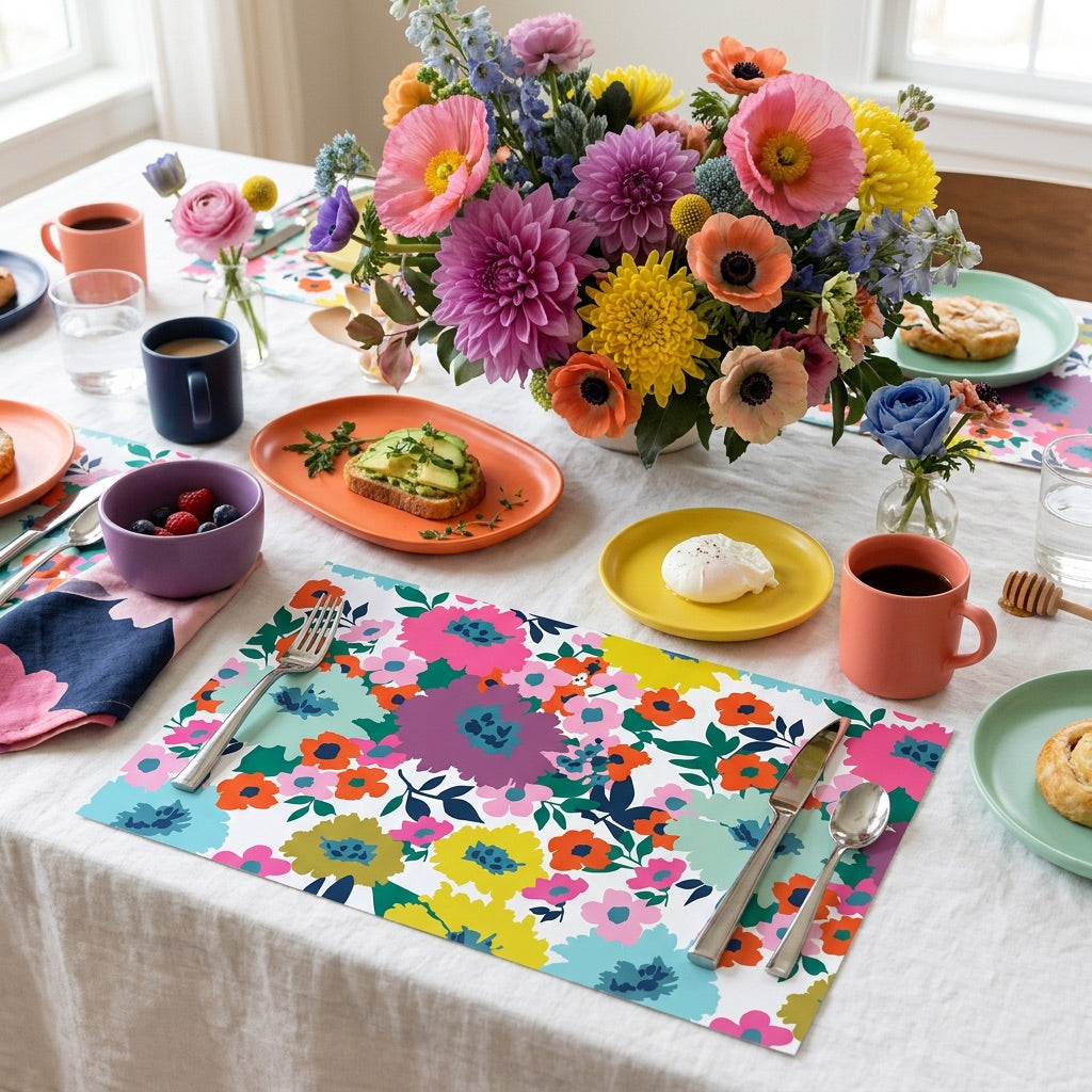 Colorful floral table setting with plates, cups, and a bouquet of flowers on floral paper placemats.