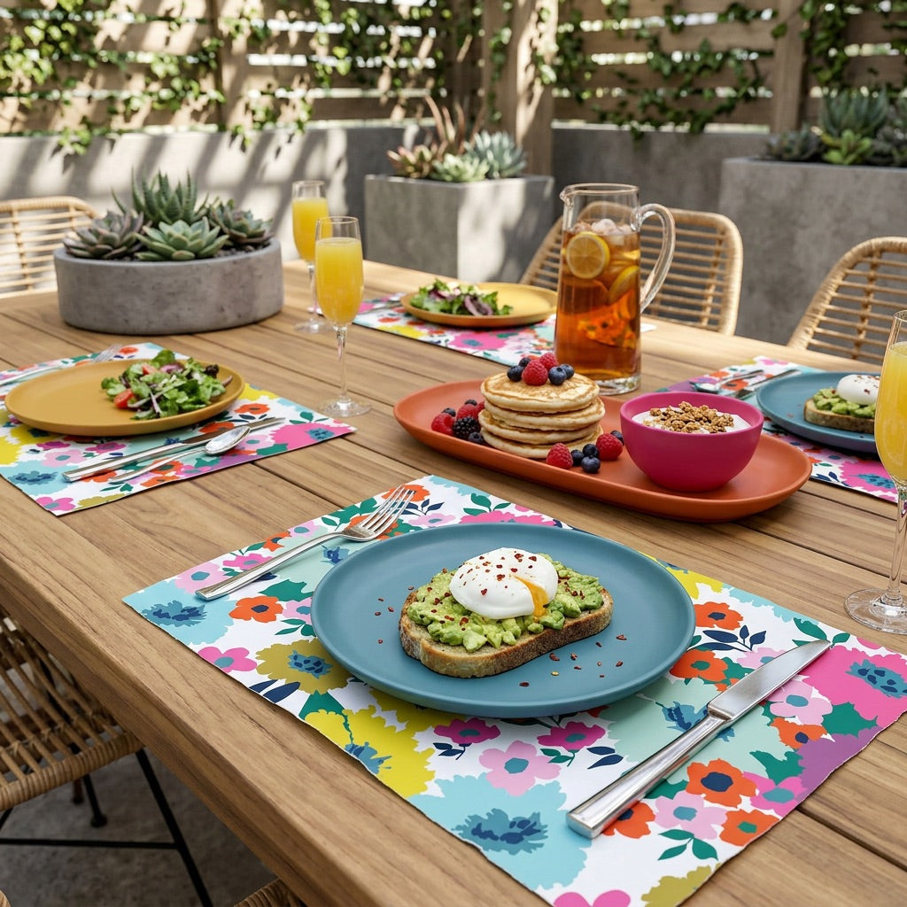 Outdoor dining table set with breakfast dishes and colorful paper placemats.