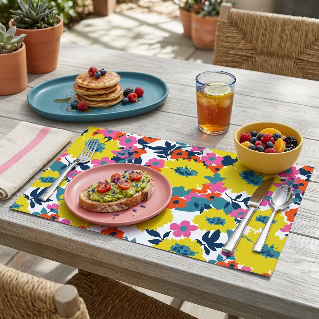 Outdoor dining setup with colorful paper placemat, food, and drinks on a wooden table.