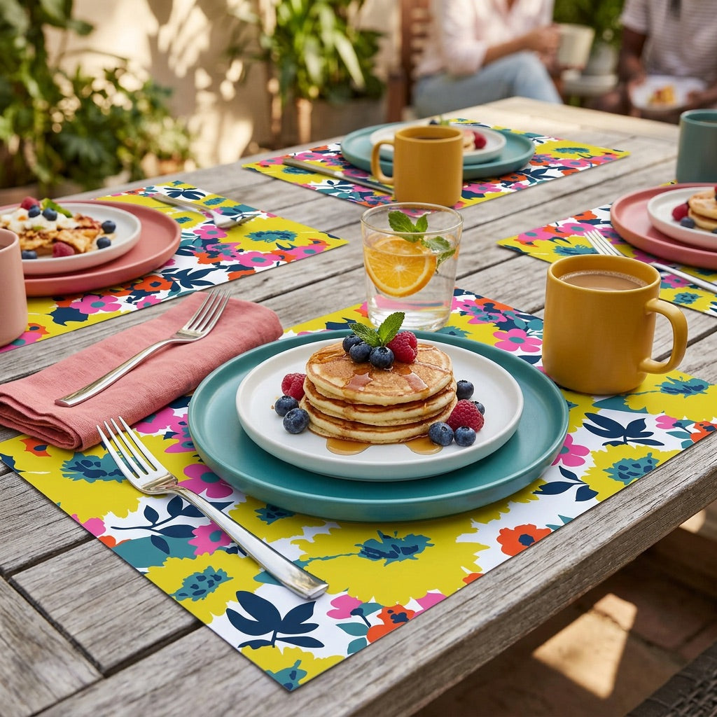 Outdoor table setting with colorful paper placemats, plates, and mugs on a wooden table.