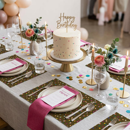 Confetti brown paper placemat on a table set for a birthday party with a cake. 