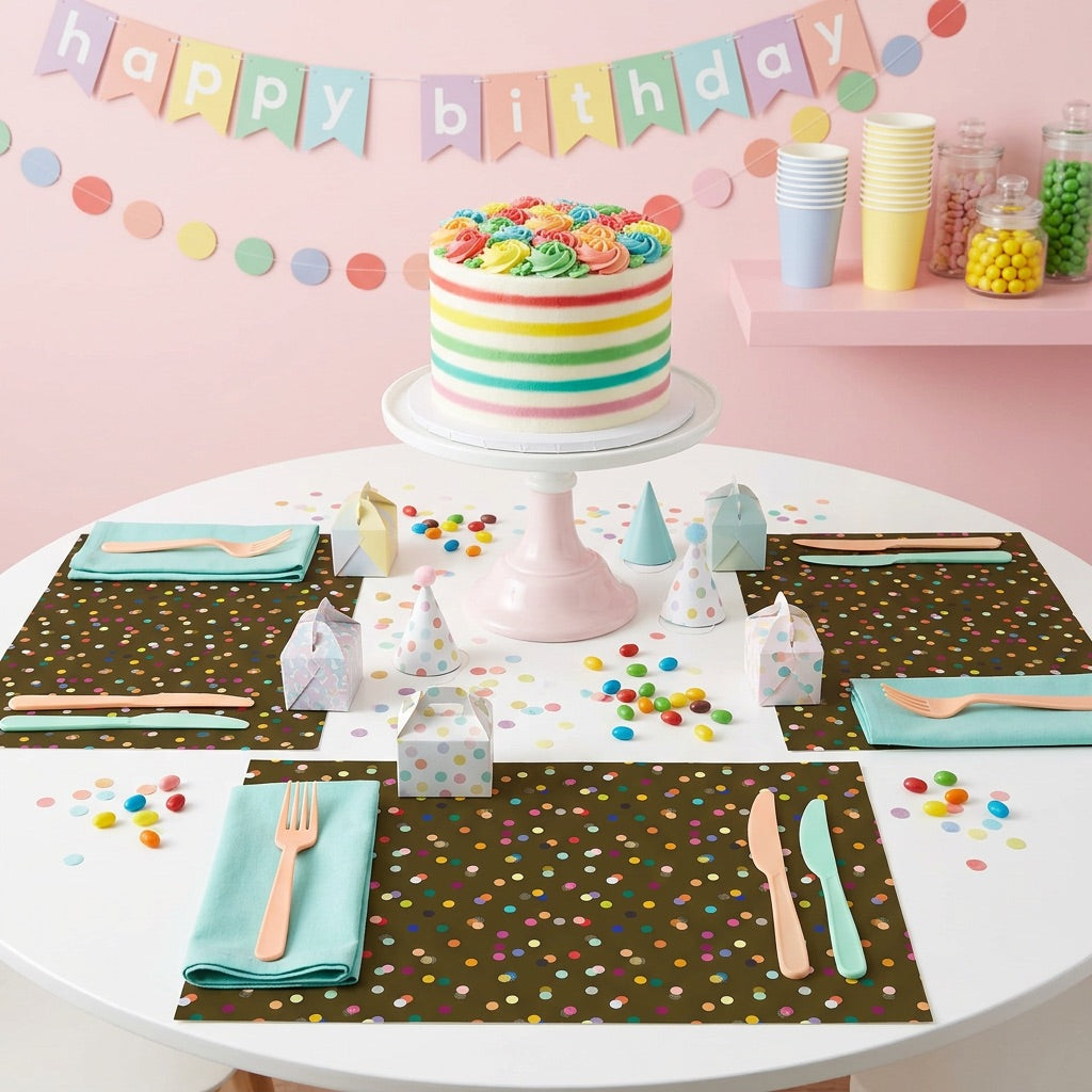 Confetti paper placemats with confetti on the table set for a birthday party. 