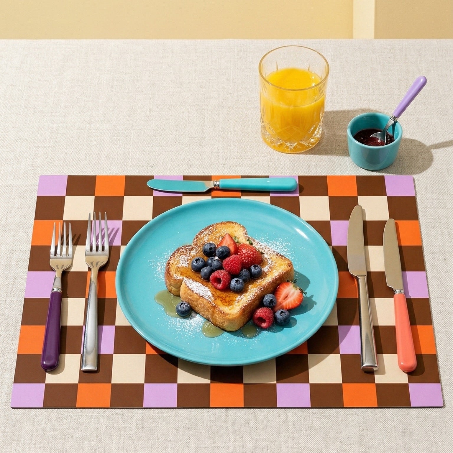 Breakfast setting with toast, berries, and orange juice on a checkered placemat.