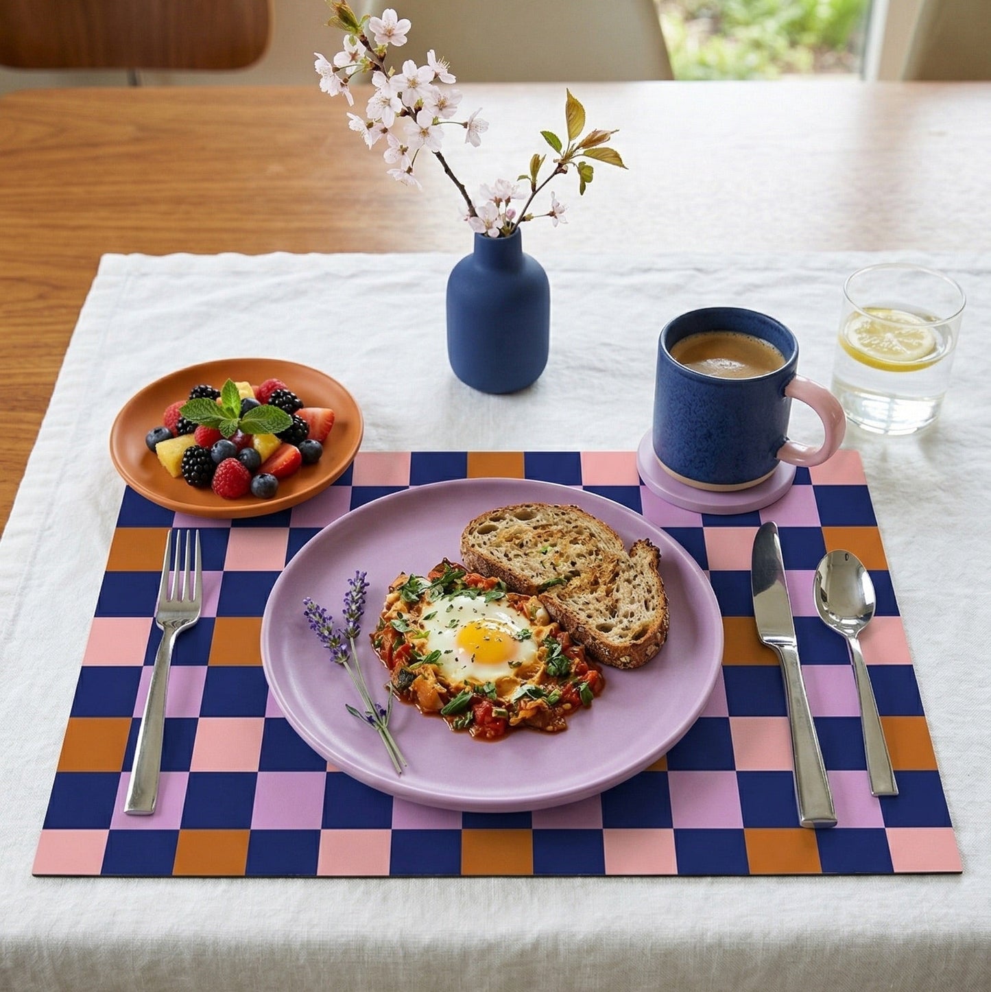 Breakfast on a checkered paper placemat. 