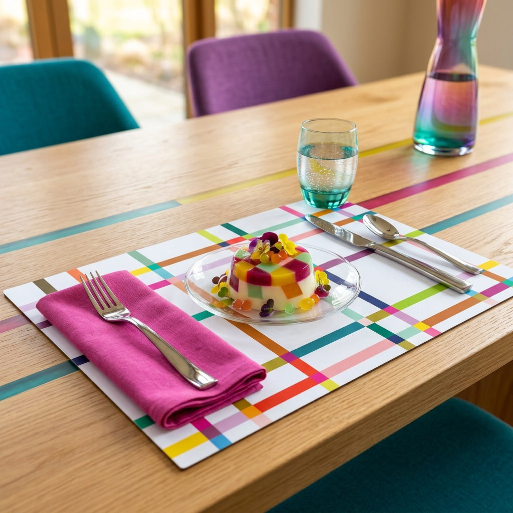 Colorful paper placemat with a small dessert, glass of water, and cutlery on a wooden table.