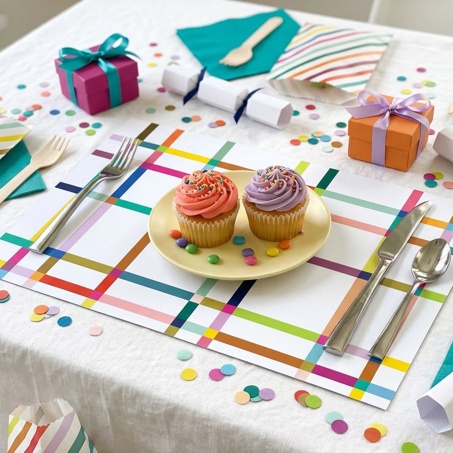 Colorful table setting with cupcakes on a plate, gift boxes, and decorative paper placemats.