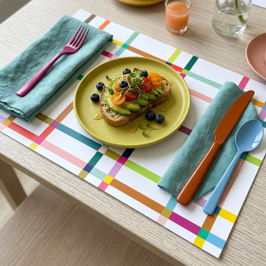 Colorful table setting with a plate of food, coffee, and a flower on a checkered paper placemat.