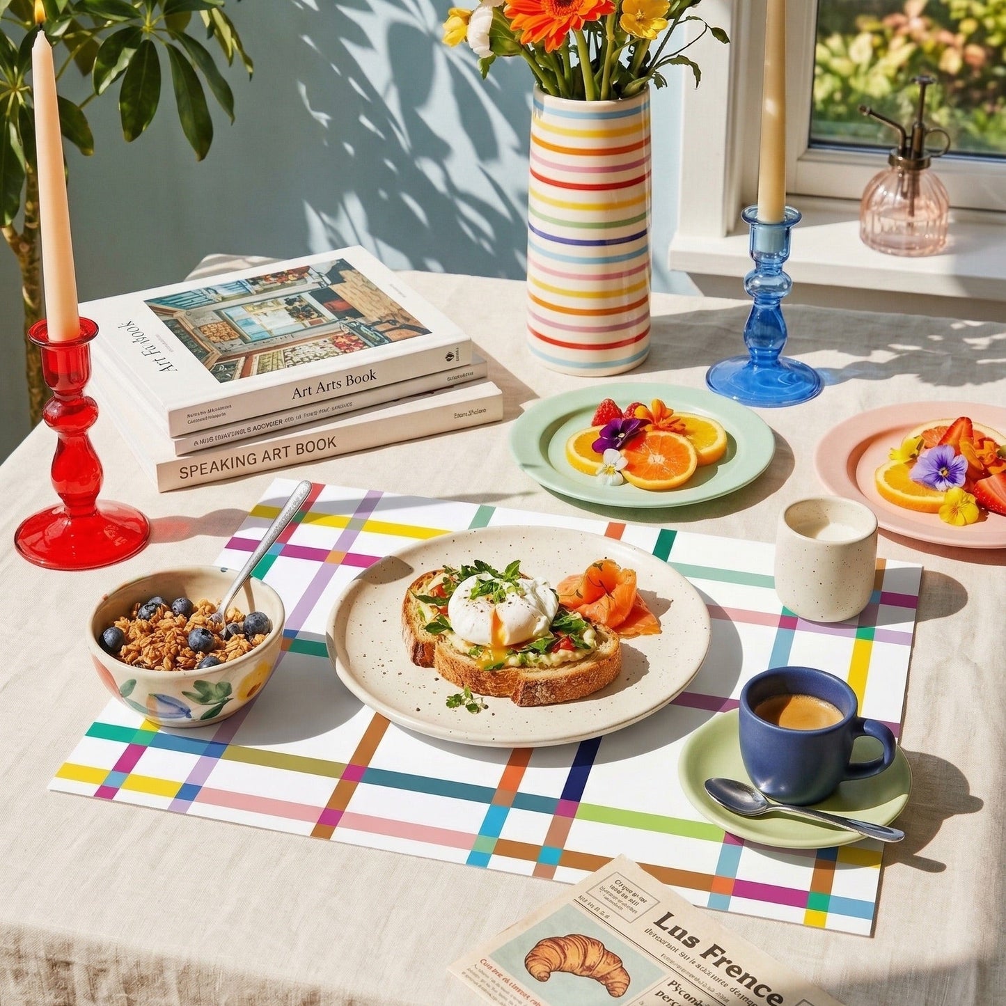 Table setting with colorful paper placemats, plates of food, and a vase of flowers.