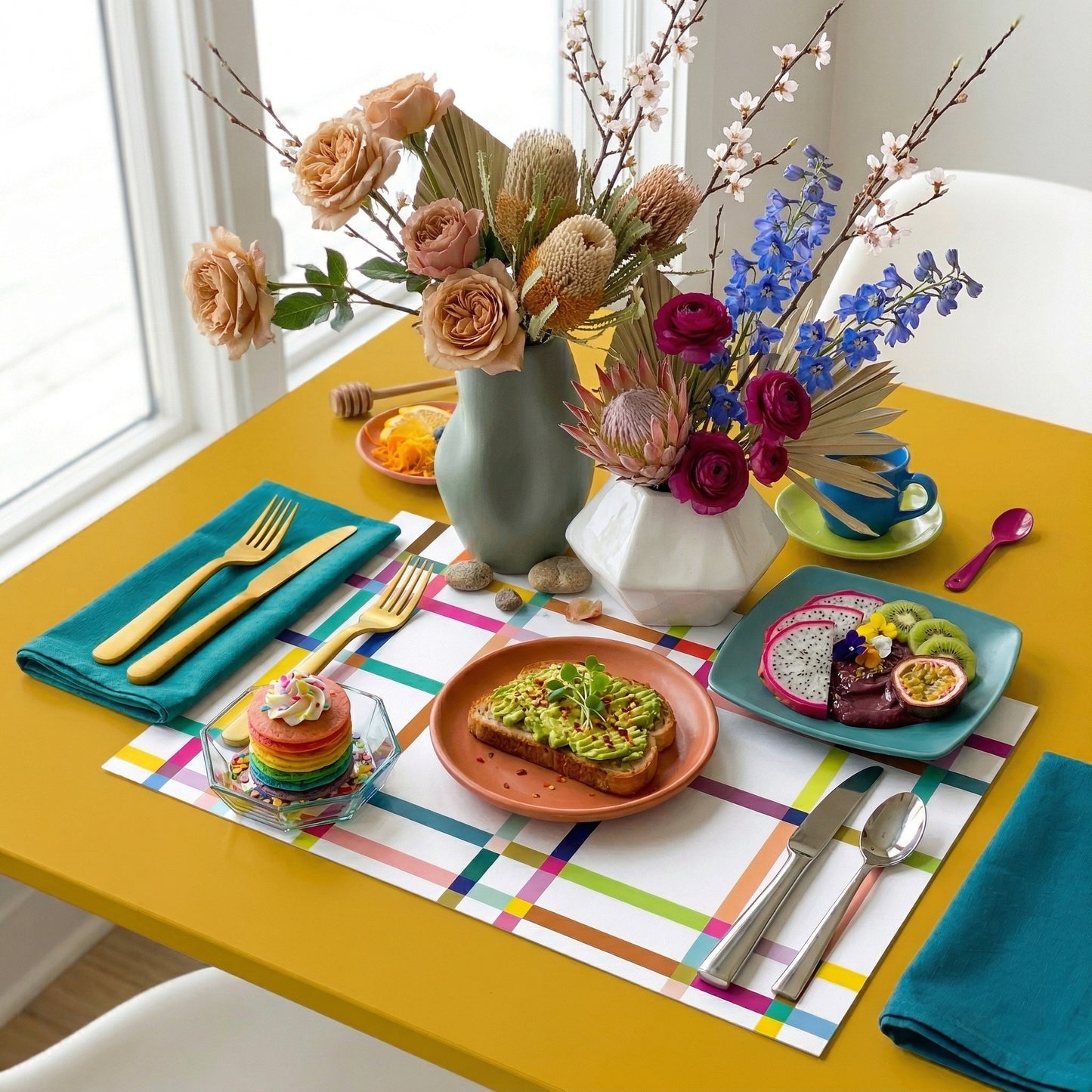 Colorful table setting with plates, cutlery, and flowers on a colorful paper placemat.