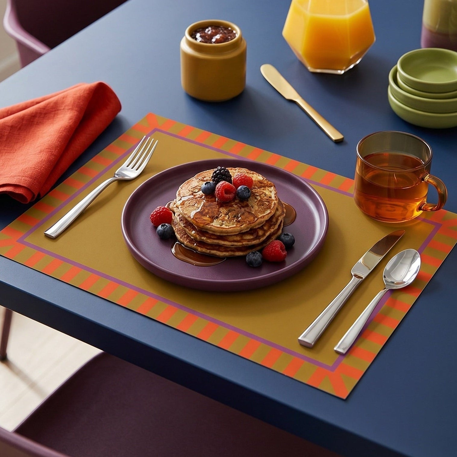 Breakfast setting with pancakes on a purple plate, surrounded by a cup of tea, a glass of orange juice, and paper placemat.