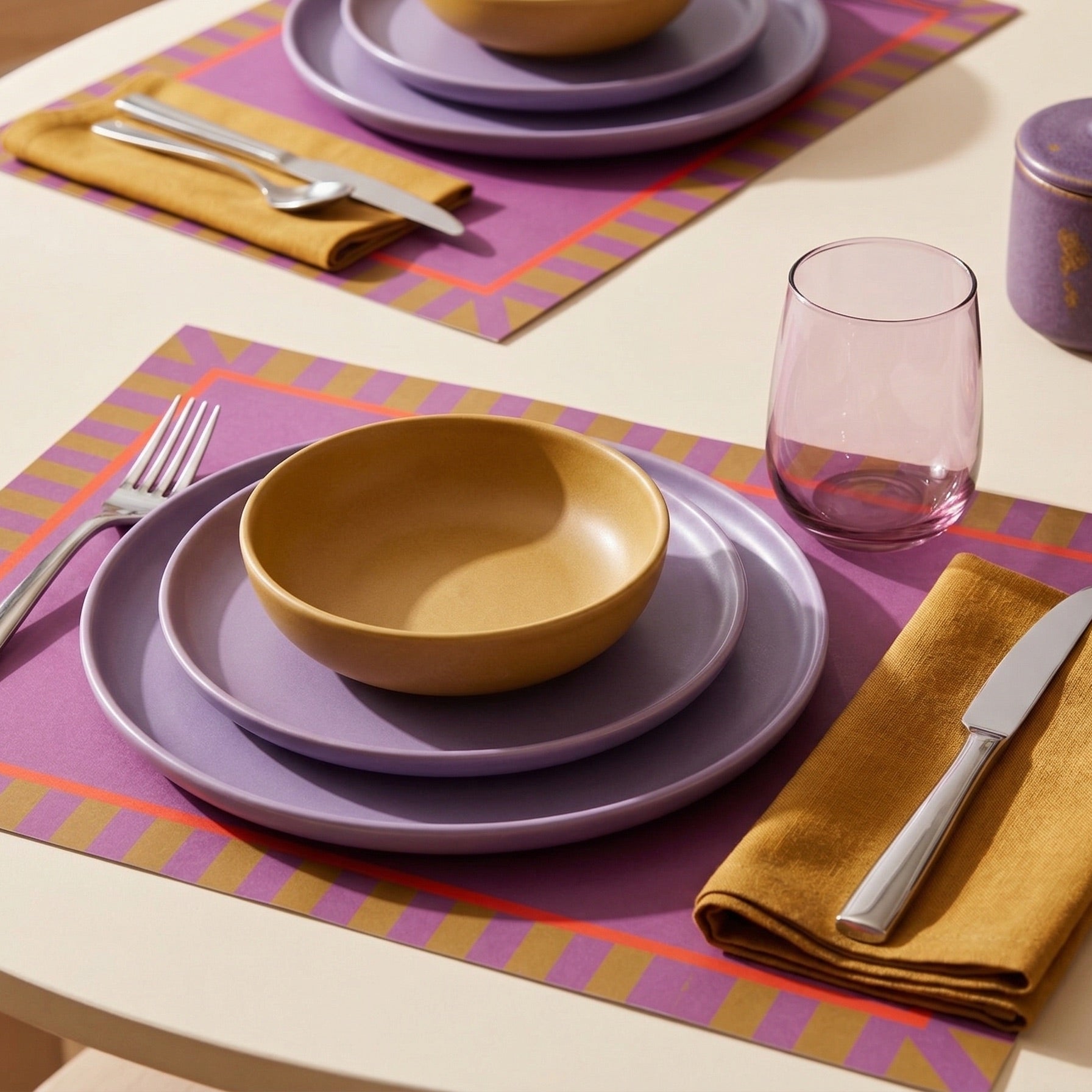 Dining table setting with purple plates, yellow bowls, and pink glasses on a patterned placemat.