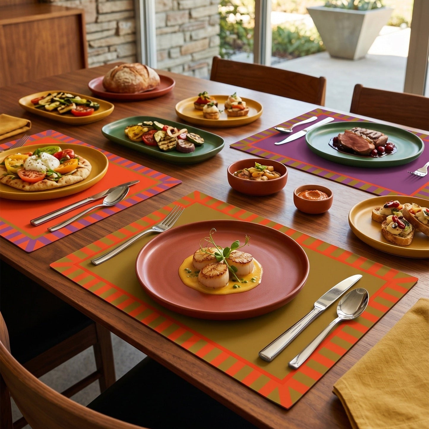 Dining table set with colorful placemats, plates, and food.