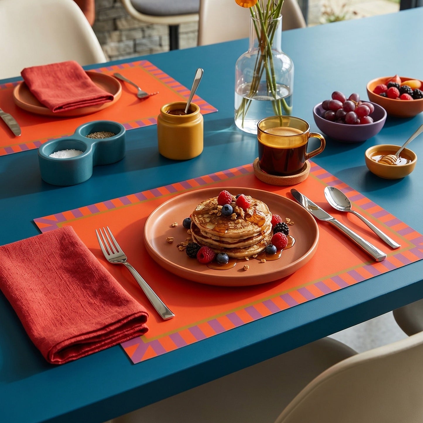 Table setting with pancakes, berries, and coffee on red paper placemat.