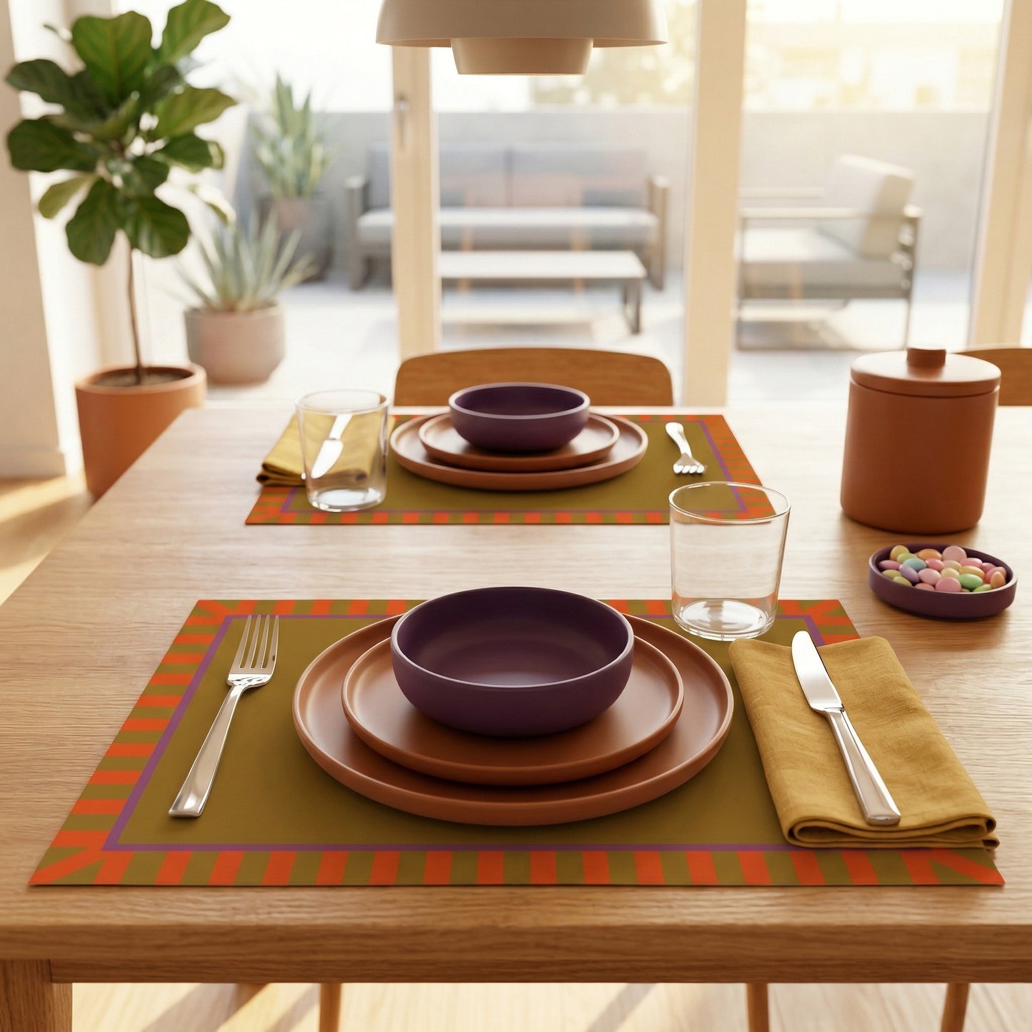 Dining table set with plates, bowls, and cutlery on gold paper placemats with a modern interior background.