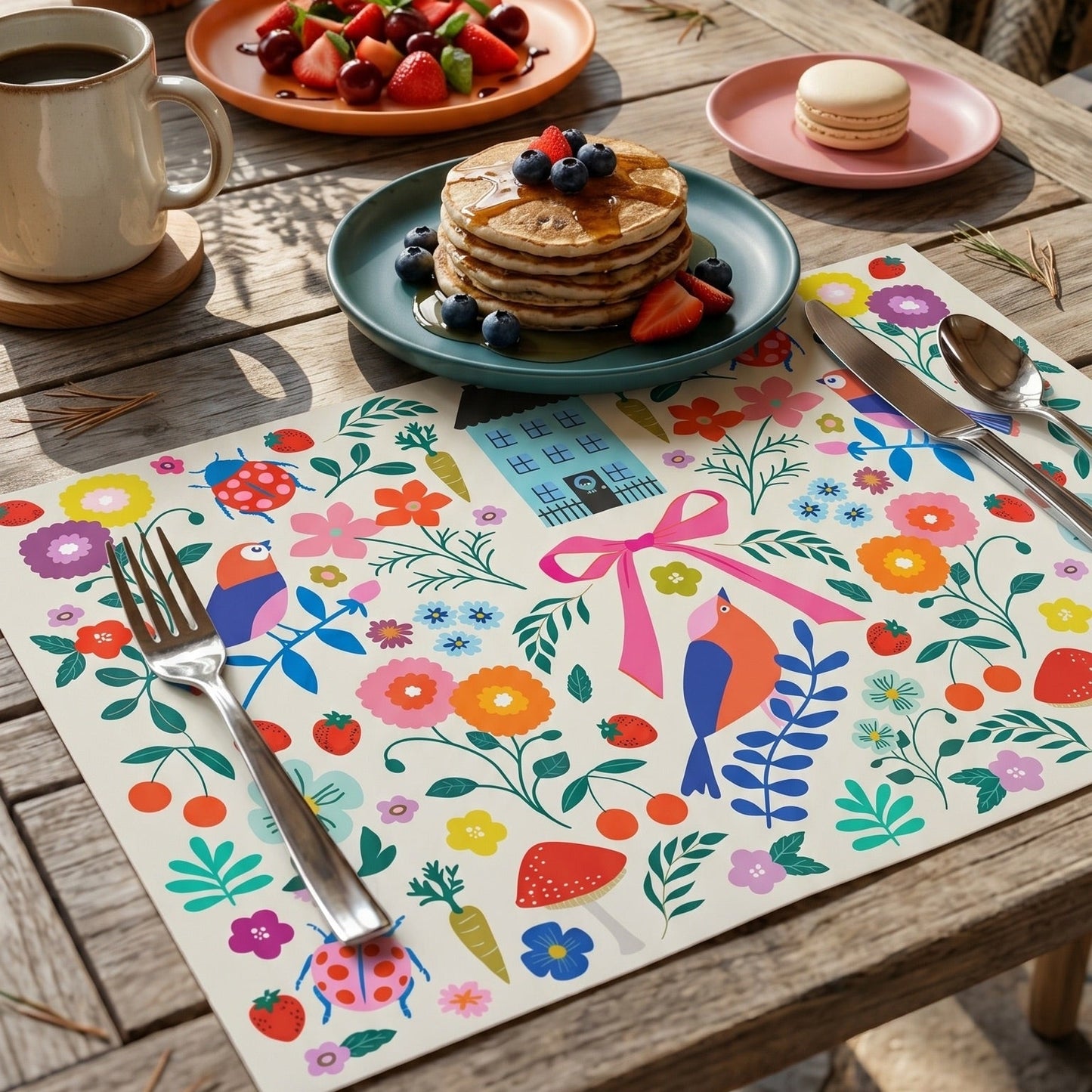 Colorful floral paper placemats styled on an outdoor patio table with pancakes, and fresh fruit