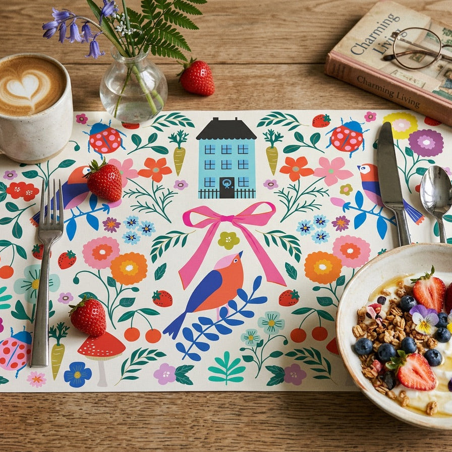 Colorful floral paper placemats styled on an outdoor patio table with yogurt and strawberries. 