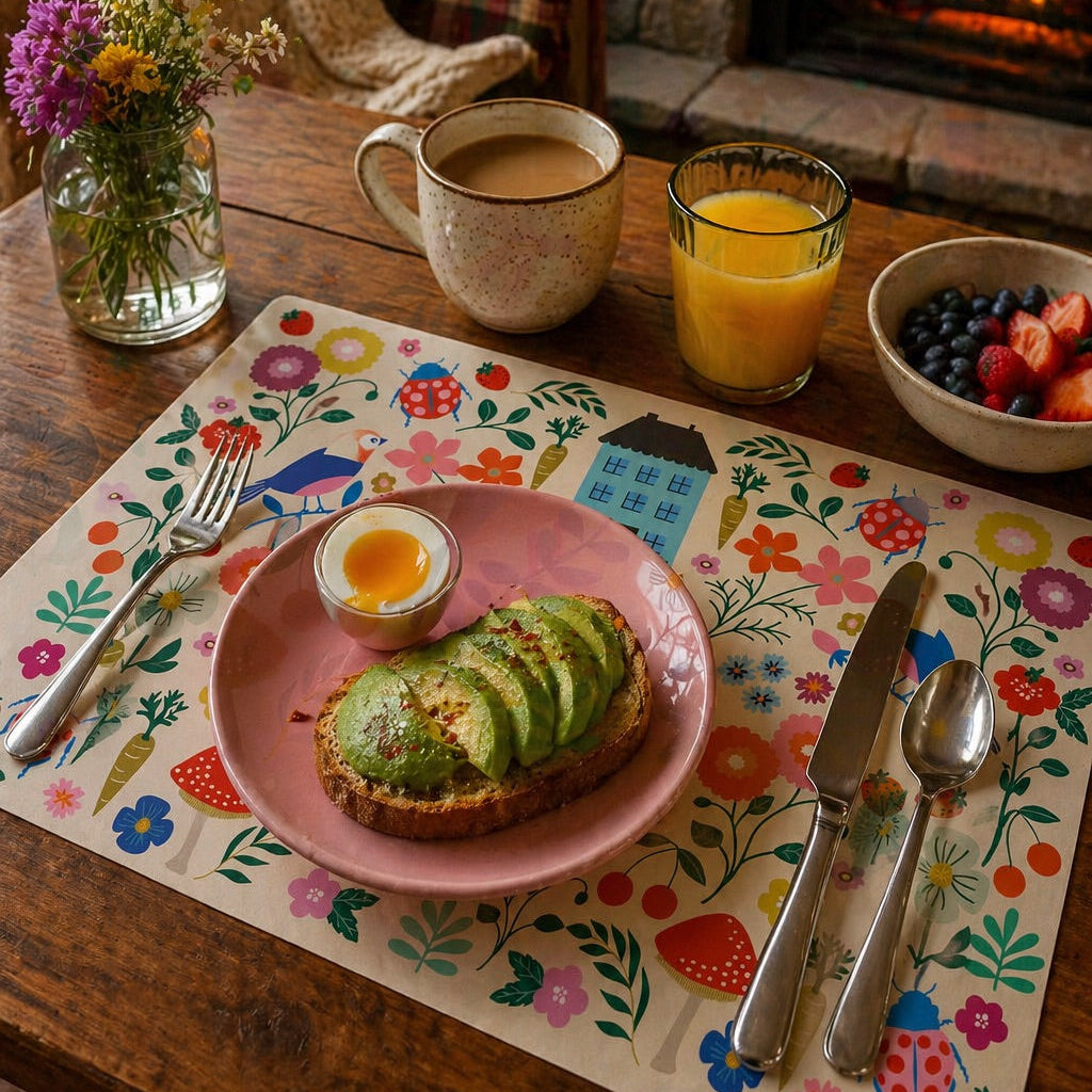 Colorful floral paper placemats styled on a wood table with avocado toast, eggs, and fresh fruit