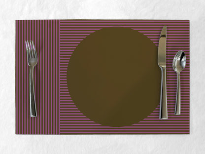 Paper placemat with purple striped border, round brown circle, fork, knife, and spoon on a white background