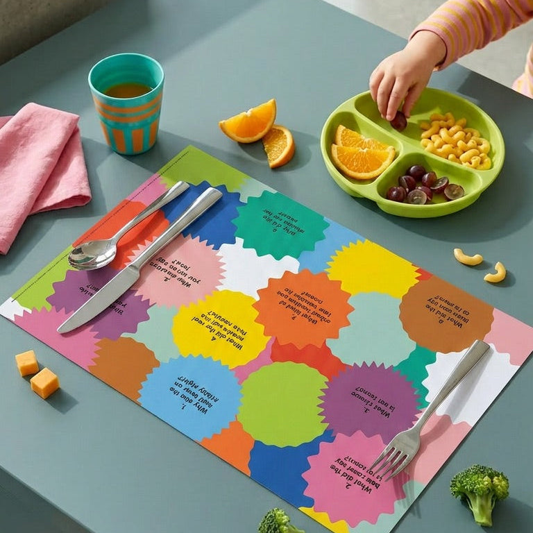 Colorful paper placemat with educational designs on a kitchen table with food and cutlery.
