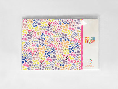 Colorful floral patterned paper placemat titled 'Color Study' on a white background