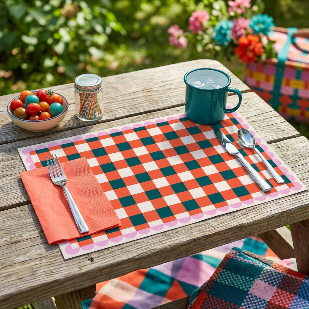 Outdoor setting with a checkered paper placemat, mug, fork, and spoon on a wooden table.