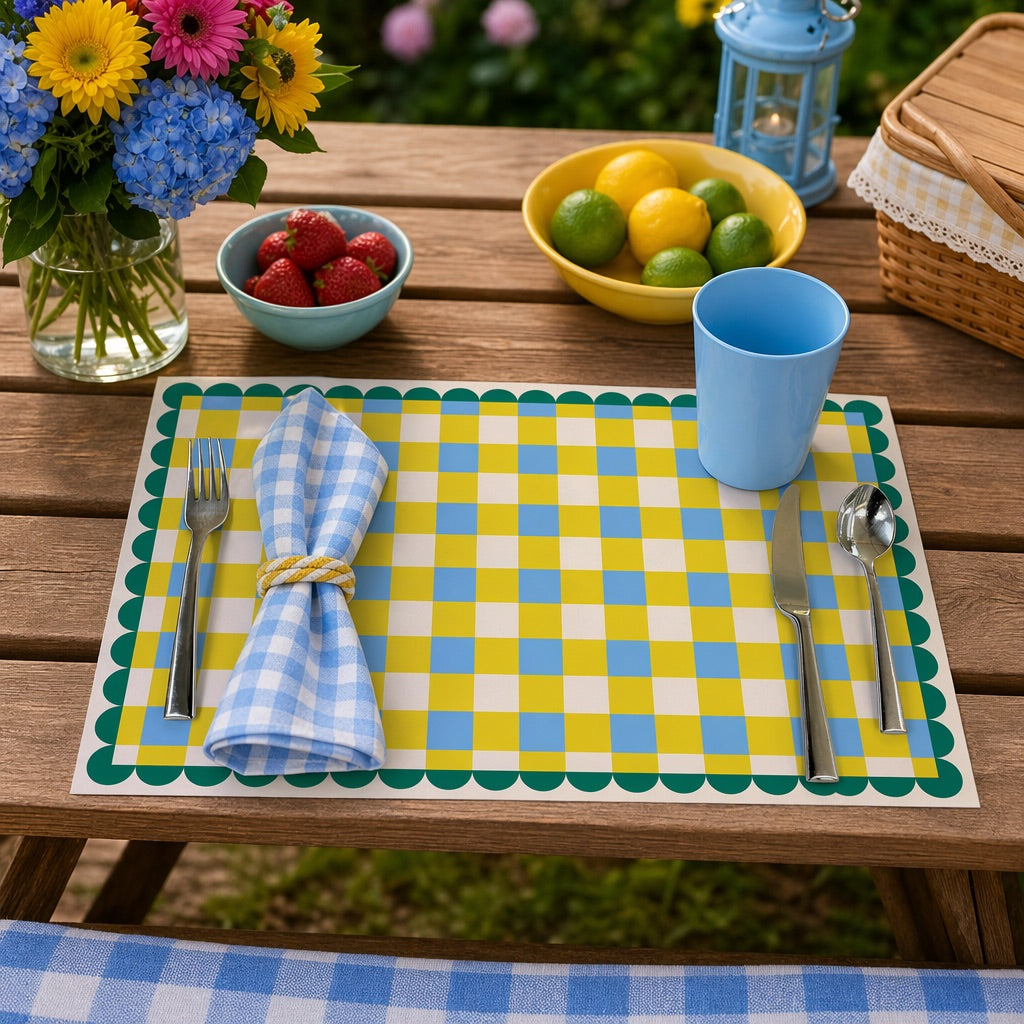 Outdoor table setting with checkered paper placemat, blue cup, fork, knife, and spoon.