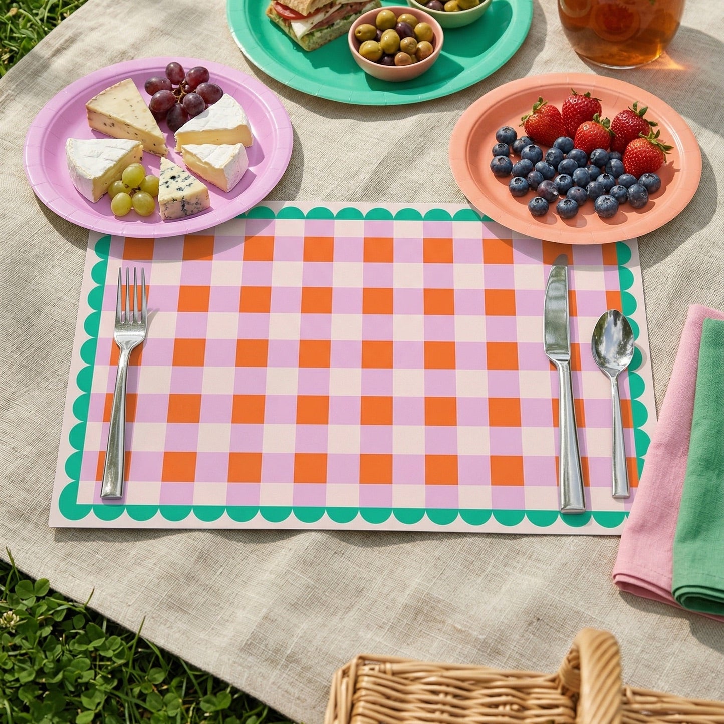 Picnic setup with food on plates and a checkered paper placemat on a grassy background