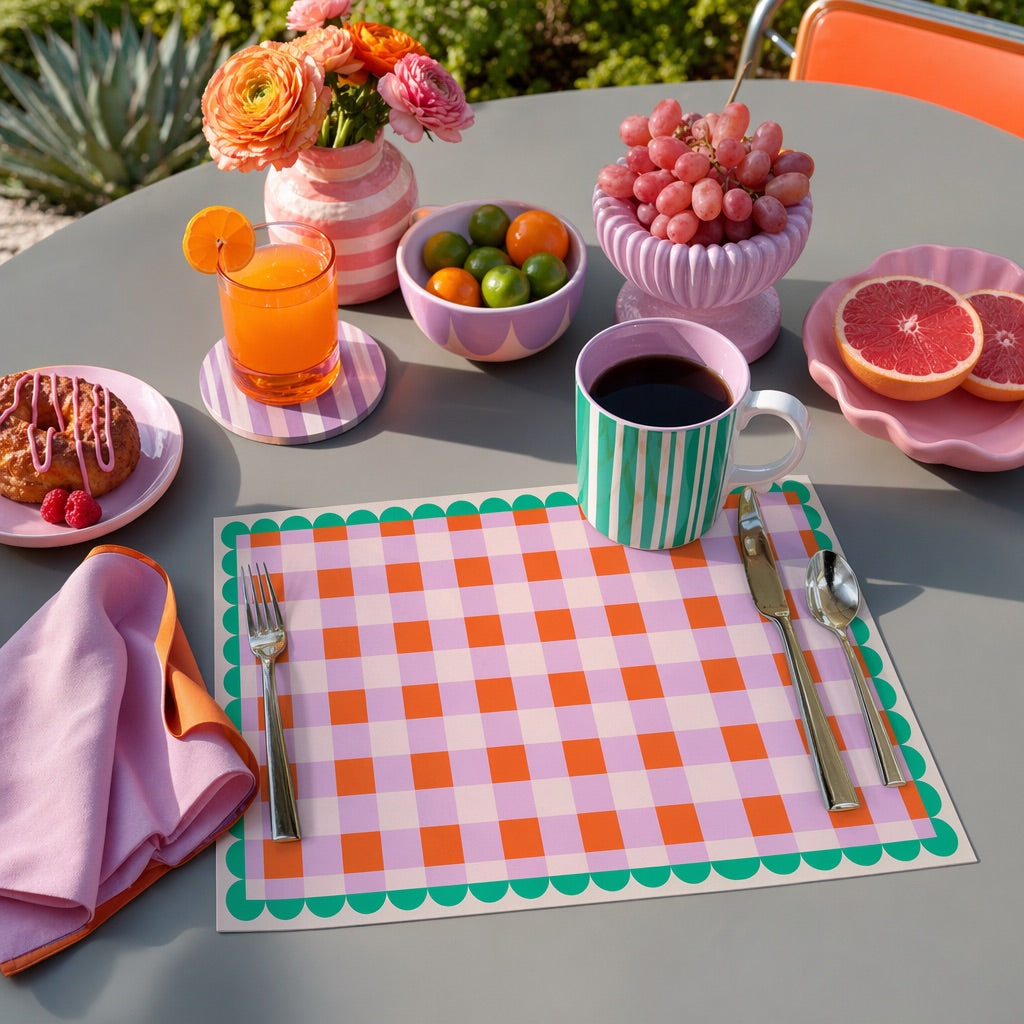 Outdoor table setting with colorful tableware, fruit, and drinks on a checkered paper placemat.