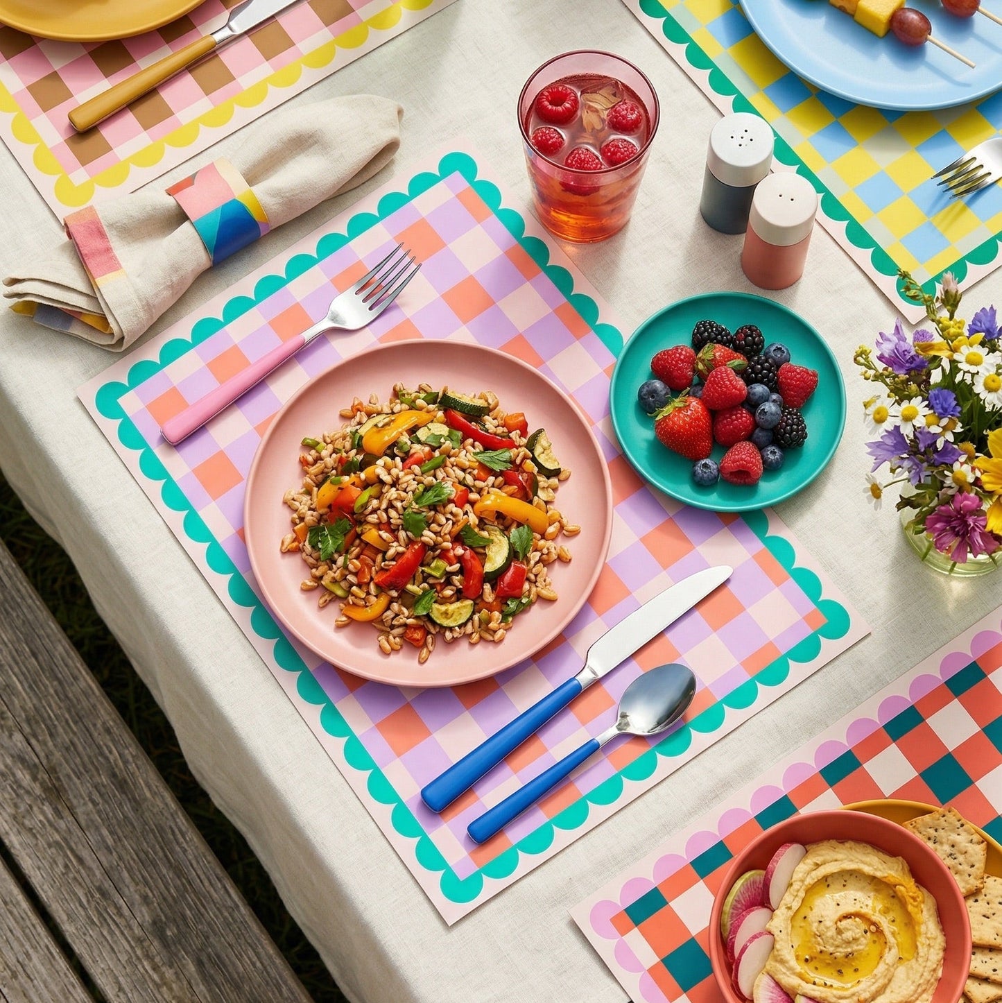 Colorful table setting with various dishes and drinks on a checkered paper placemat.