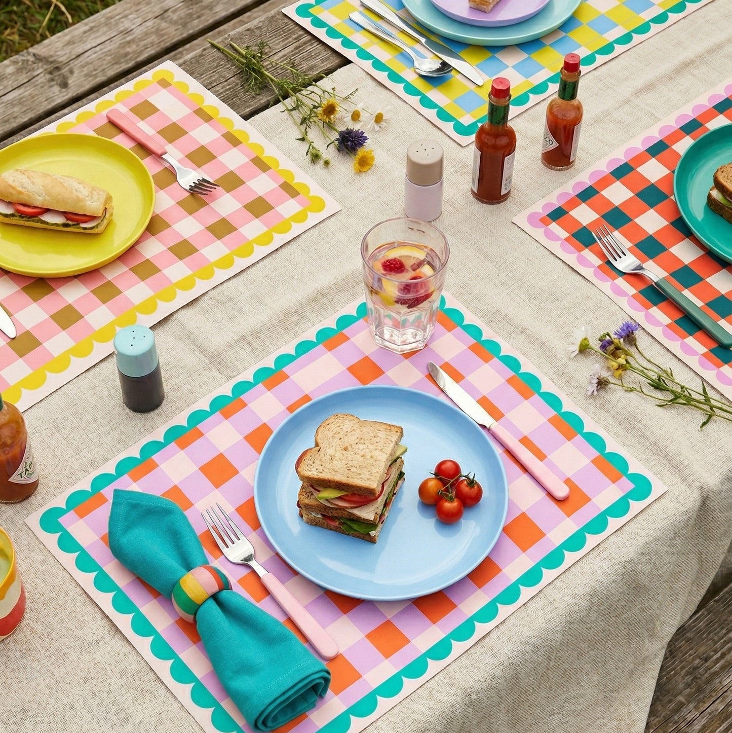 Colorful table setting with sandwiches, cutlery, and drinks on checkered paper placemats.