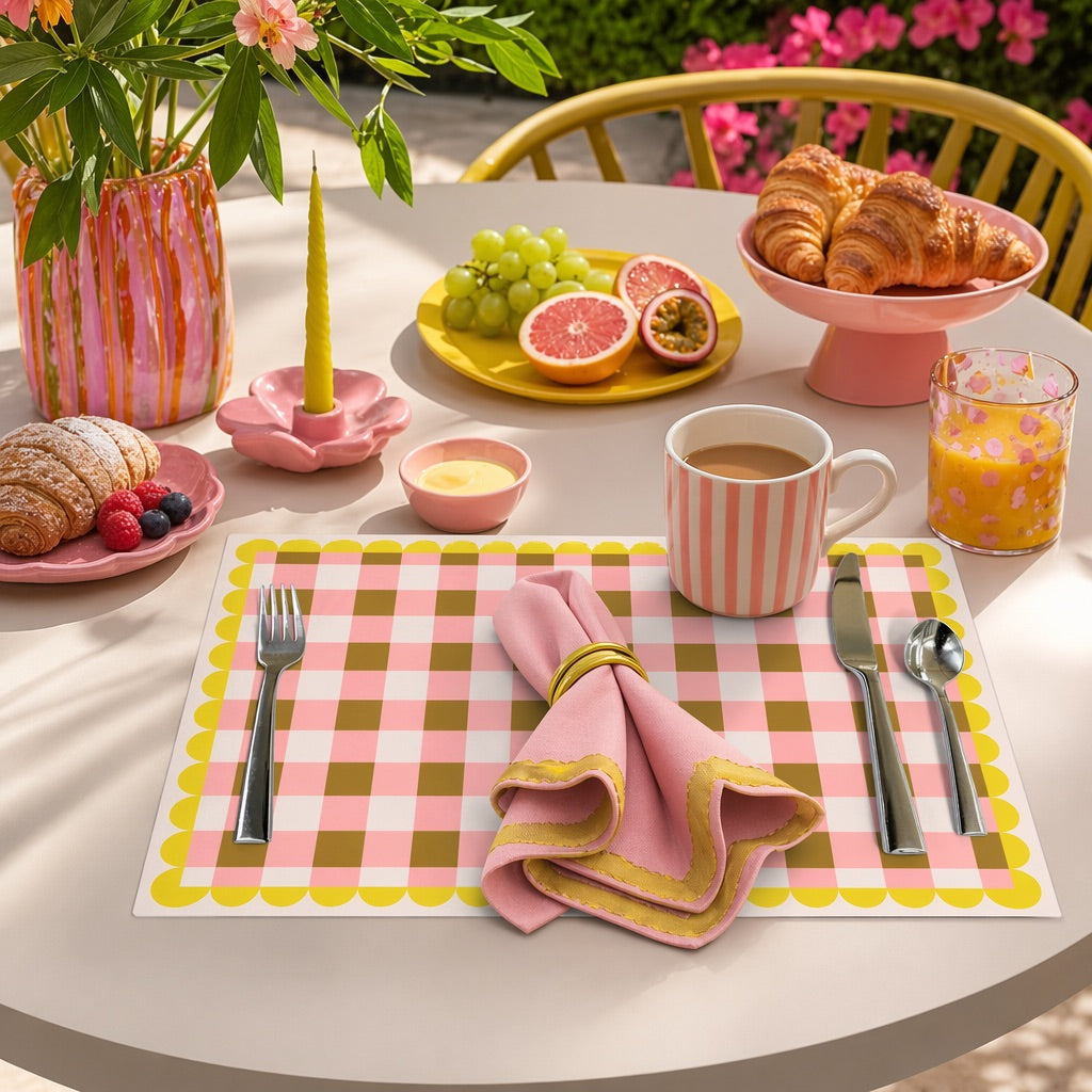 Table setting with croissants, coffee, and fruit on a checkered paper placemat with pink and yellow accents.