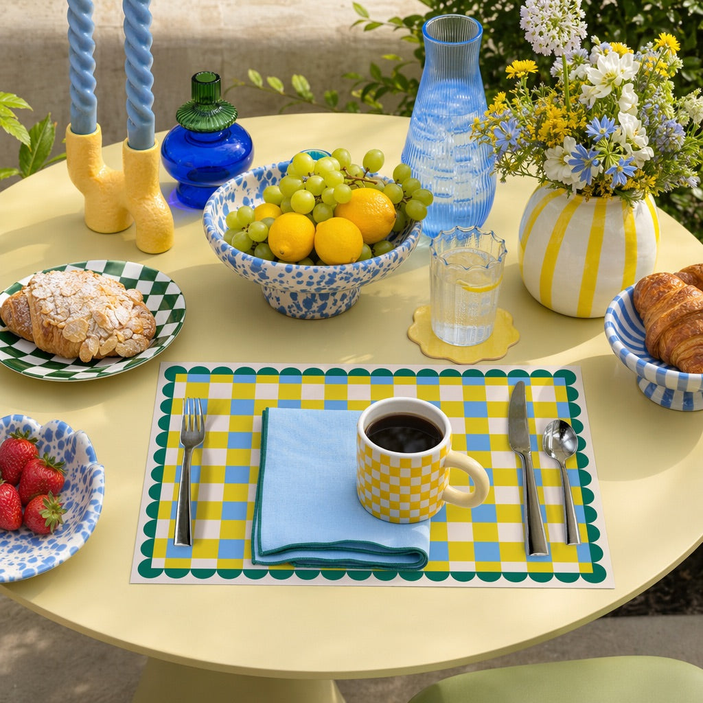 Outdoor table setting with coffee, pastries, fruit, and decorative items on a checkered paper placemat.