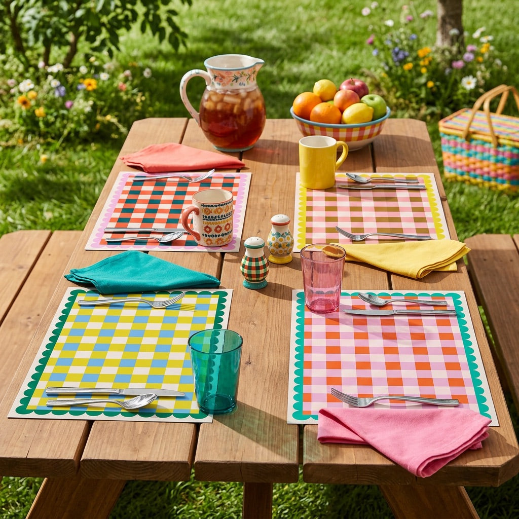Outdoor table setting with colorful checkered paper placemats, glasses, and a pitcher on a wooden table.