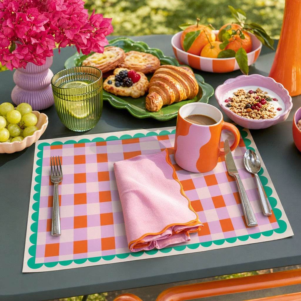 Outdoor table setting with breakfast items including a mug, fruit, and pastries on a checkered paper placemat.